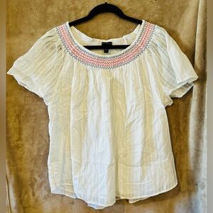 Lane Bryant White Blouse with Pink and Blue Embroidery